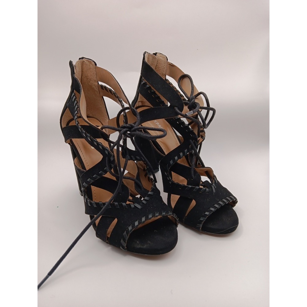Express Women's Faux Suede Lace‑Up Chunky Gladiator Heels Black Size 7